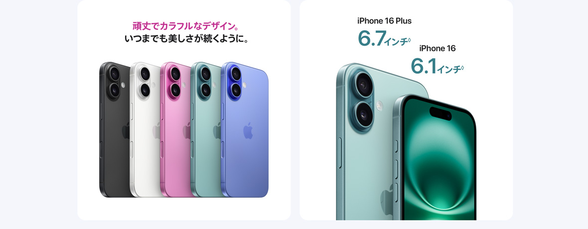 頑丈でカラフルなデザイン。いつまでも美しさが続くように。iPhone 16 Plus 6.7インチ iPhone 16 6.1インチ◊