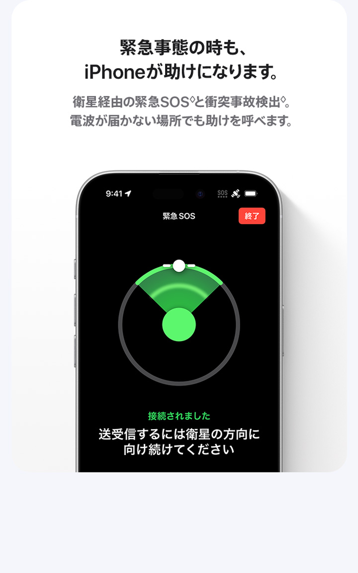 緊急事態の時も、iPhoneが助けになります。衛星経由の緊急SOS°と衝突事故検出。◊ 電波が届かない場所でも助けを呼べます。