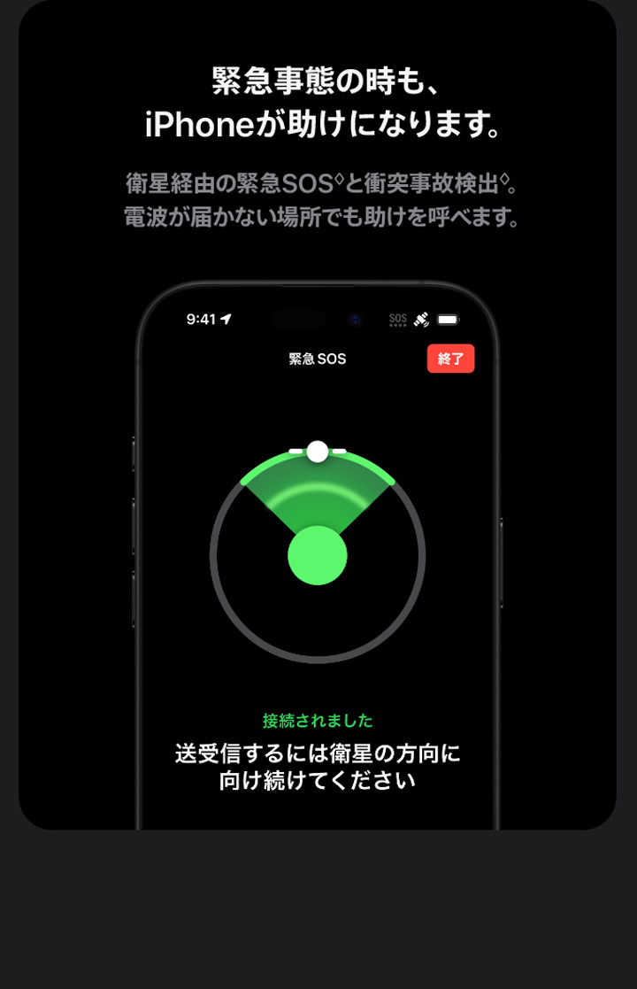 緊急事態の時も、iPhoneが助けになります。衛星経由の緊急SOSと衝突事故検出◊。電波が届かない場所でも助けを呼べます。